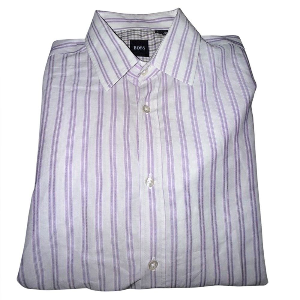 Hugo Boss Men's Striped Dress Shirt in White and Lavender Size Large